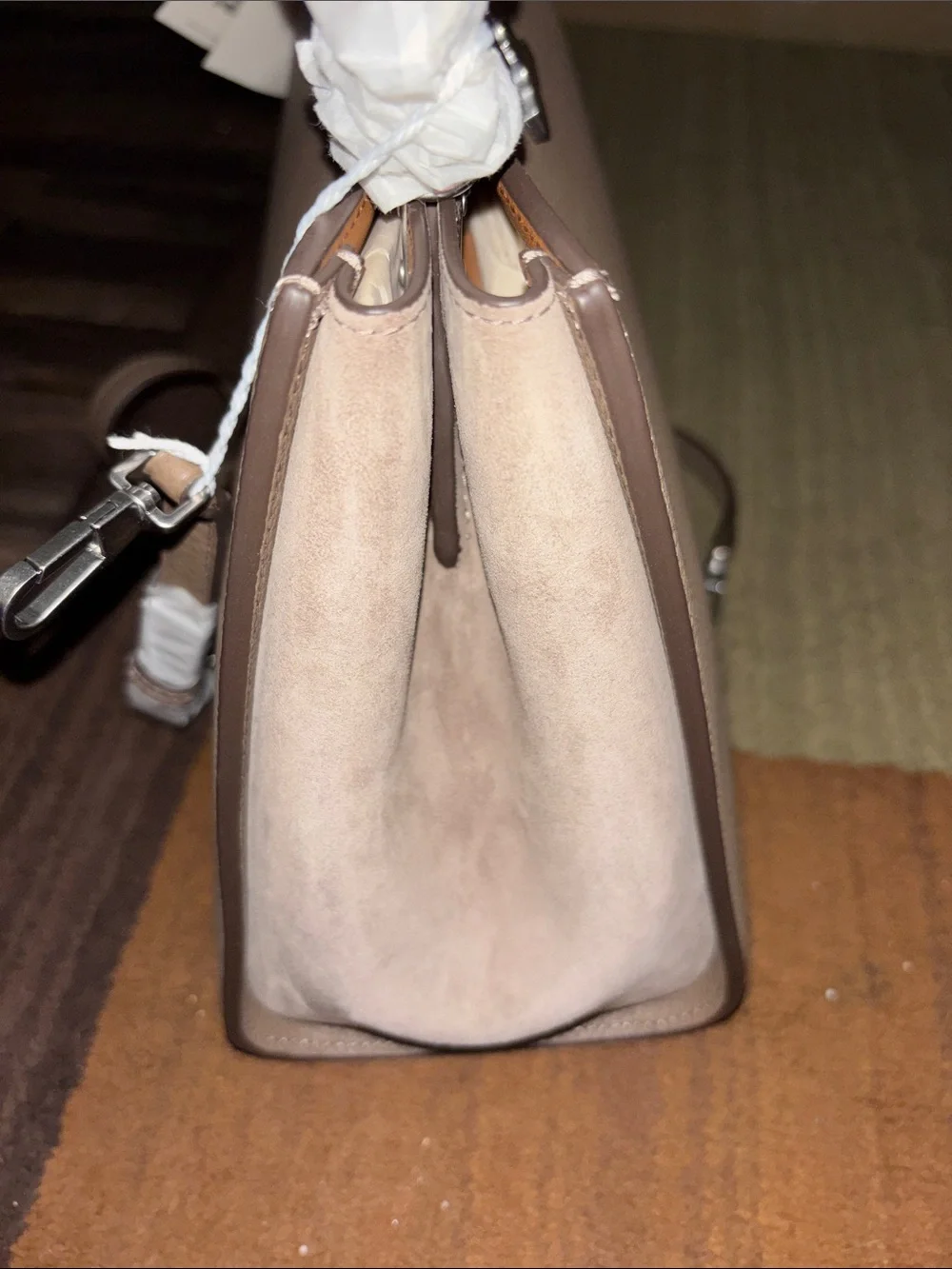 Tory Burch Taupe Pebbled Leather Top-Handle Satchel with Silver Hardware